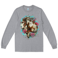 Heather Grey mustang horse with floral background Long Sleeve Tee - LillyAllenDesigns