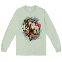Matcha mustang horse with floral background Long Sleeve Tee - LillyAllenDesigns