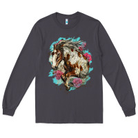 Smoke mustang horse with floral background Long Sleeve Tee - LillyAllenDesigns