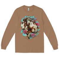Toasted Coconut mustang horse with floral background Long Sleeve Tee - LillyAllenDesigns