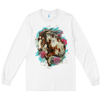 White mustang horse with floral background Long Sleeve Tee - LillyAllenDesigns