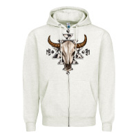 Oatmeal Heather bull skull with aztec Zipper Hoodie - MaliasSmallBusiness