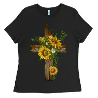 Black sunflower cross Ladies Tee - texasbilliewilder