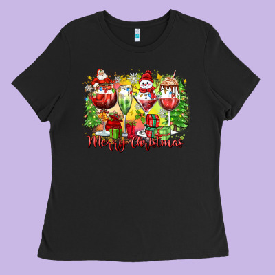 Merry Christmas Wine Glasses Ladies Tee Designed By Zillion Design Studio