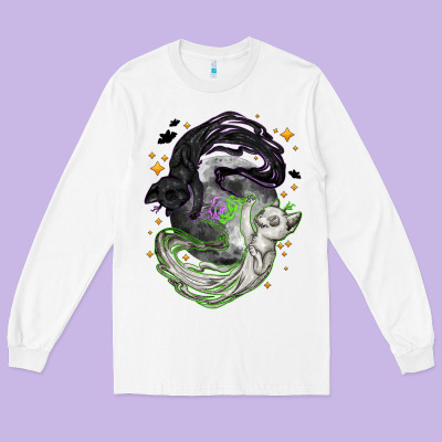 Magical Cats Ghost With Moon Halloween Long Sleeve Tee Designed By Nancycooperartshop