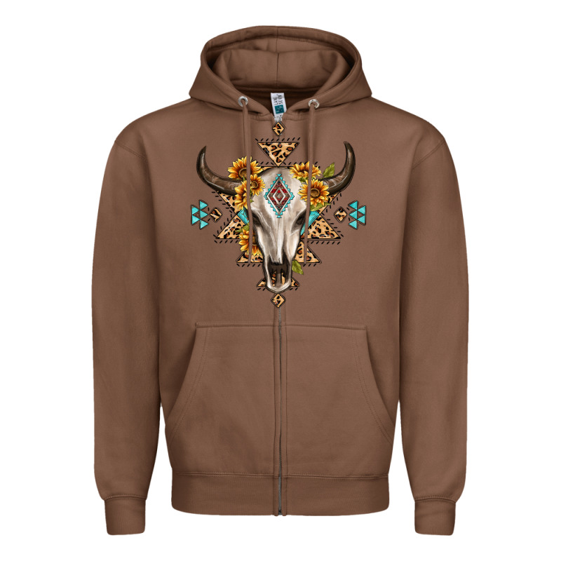 Bull Skull With Aztec Sunflower Leopard Zipper Hoodie by MaliasSmallBusiness | Teevron