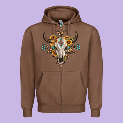 Bull Skull With Aztec Sunflower Leopard Zipper Hoodie Designed By Maliassmallbusiness