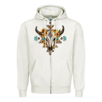 Oatmeal Heather bull skull with aztec sunflower leopard Zipper Hoodie - MaliasSmallBusiness