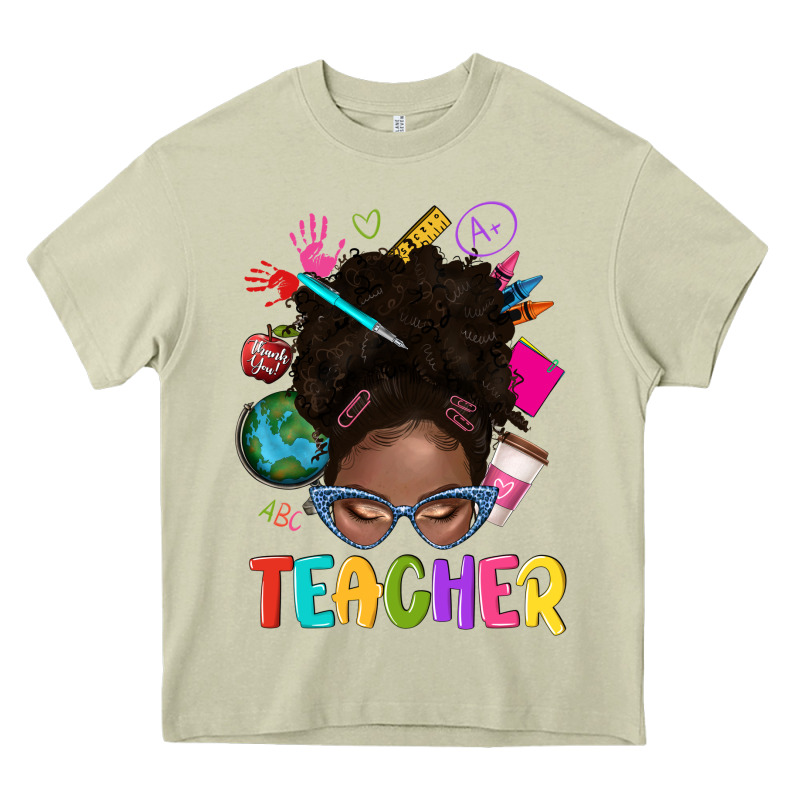 Teacher Afro Messy Bun Heavy Core Tee by texasbilliewilder | Teevron