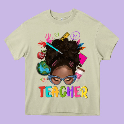 Teacher Afro Messy Bun Heavy Core Tee Designed By Texasbilliewilder