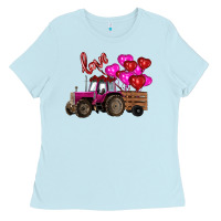 Baby Blue Valentine's day pink tractor with pin heart balloons Ladies Tee - RanaPortraitStore