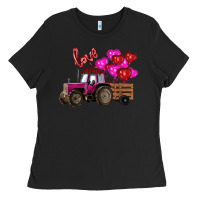 Valentine's Day Pink Tractor With Pin Heart Balloons Ladies Tee | Teevron