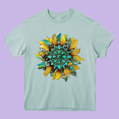 Sunflower With Gemstone And Cowhide Heavy Core Tee Designed By Artiststas