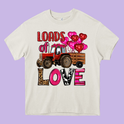 Heavy Core Tee valentine's day loads of love tractor with pin heart balloons