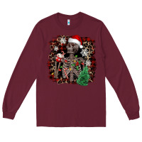 Burgundy Skeleton with coffee cup Christmas Long Sleeve Tee - NancyCooperArtShop