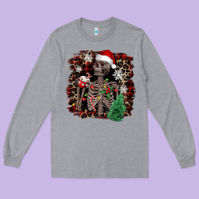 Skeleton With Coffee Cup Christmas Long Sleeve Tee Designed By Nancycooperartshop