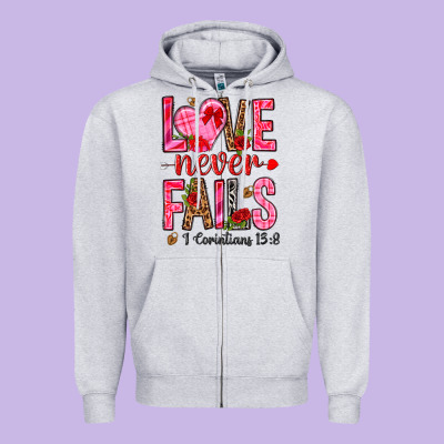 Love Never Fails I Corintians 13 8 Zipper Hoodie Designed By Nancycooperartshop