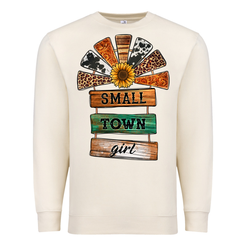 Small Town Girl Western Windmill Wooden Boards Premium Sweatshirt by Jasminsmagicworld | Teevron