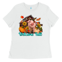 White Welcome fall pig Ladies Tee - RanaPortraitStore