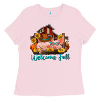 Bubblegum Pink Welcome fall pigs Ladies Tee - RanaPortraitStore