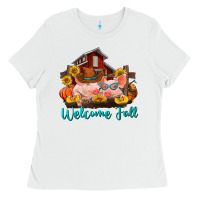 White Welcome fall pigs Ladies Tee - RanaPortraitStore