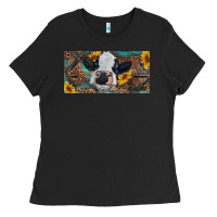Black Baby cow with sunflower and leopard Ladies Tee - RanaPortraitStore