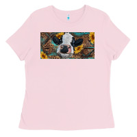 Bubblegum Pink Baby cow with sunflower and leopard Ladies Tee - RanaPortraitStore
