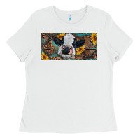 White Baby cow with sunflower and leopard Ladies Tee - RanaPortraitStore