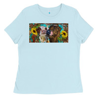 Baby Blue Heifers With Sunflowers And Leopard Ladies Tee - RanaPortraitStore