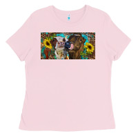 Bubblegum Pink Heifers With Sunflowers And Leopard Ladies Tee - RanaPortraitStore