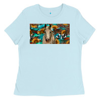 Baby Blue Horse With Sunflowers Aztec And Cowhide Ladies Tee - RanaPortraitStore