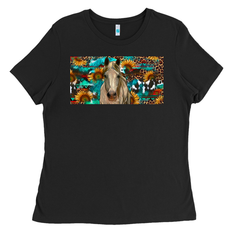 Horse With Sunflowers Aztec And Cowhide Ladies Tee by RanaPortraitStore | Teevron