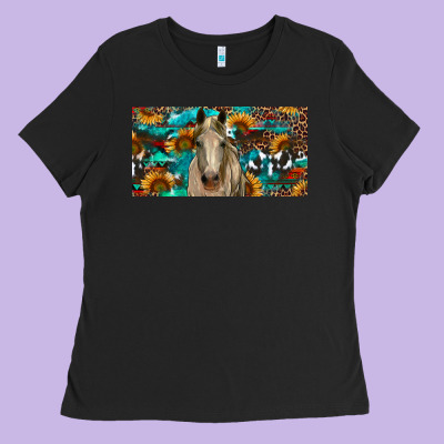 Ladies Tee Horse With Sunflowers Aztec And Cowhide