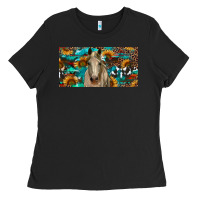 Black Horse With Sunflowers Aztec And Cowhide Ladies Tee - RanaPortraitStore