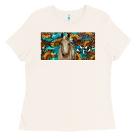 Bone Horse With Sunflowers Aztec And Cowhide Ladies Tee - RanaPortraitStore