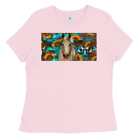 Bubblegum Pink Horse With Sunflowers Aztec And Cowhide Ladies Tee - RanaPortraitStore