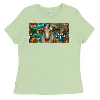 Matcha Horse With Sunflowers Aztec And Cowhide Ladies Tee - RanaPortraitStore