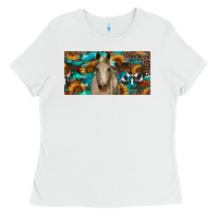 White Horse With Sunflowers Aztec And Cowhide Ladies Tee - RanaPortraitStore