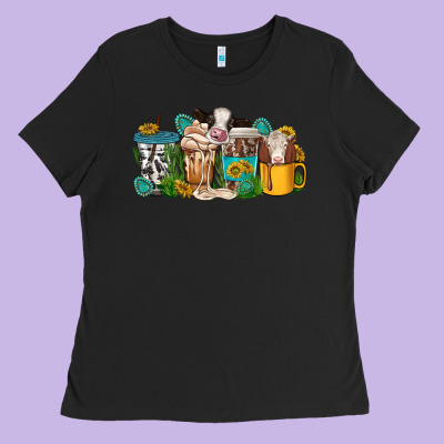 Western Cow Coffee Cup Ladies Tee Designed By Texasbilliewilder