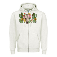 Oatmeal Heather bull skull with cactus Zipper Hoodie - MaliasSmallBusiness