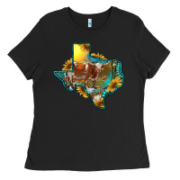 Black Western Texas Map With Longhorn Bull Ladies Tee - RanaPortraitStore