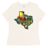 Bone Western Texas Map With Longhorn Bull Ladies Tee - RanaPortraitStore