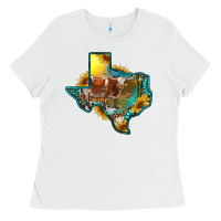 White Western Texas Map With Longhorn Bull Ladies Tee - RanaPortraitStore