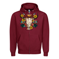Burgundy aztec western bull skull Zipper Hoodie - NancyCooperArtShop