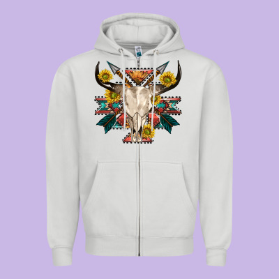 Aztec Western Bull Skull Zipper Hoodie Designed By Nancycooperartshop