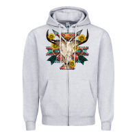 Heather Grey aztec western bull skull Zipper Hoodie - NancyCooperArtShop