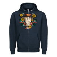 Navy aztec western bull skull Zipper Hoodie - NancyCooperArtShop