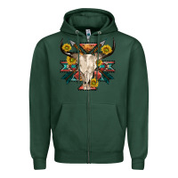 Sports Green aztec western bull skull Zipper Hoodie - NancyCooperArtShop