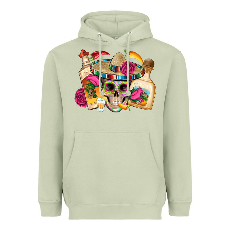 Mexican Skull Sombrero Tequila Bottle Paper Roses Heavyweight Hoodie by Artiststas | Teevron