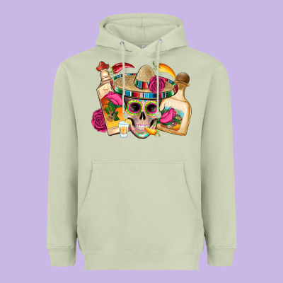 Mexican Skull Sombrero Tequila Bottle Paper Roses Heavyweight Hoodie Designed By Artiststas